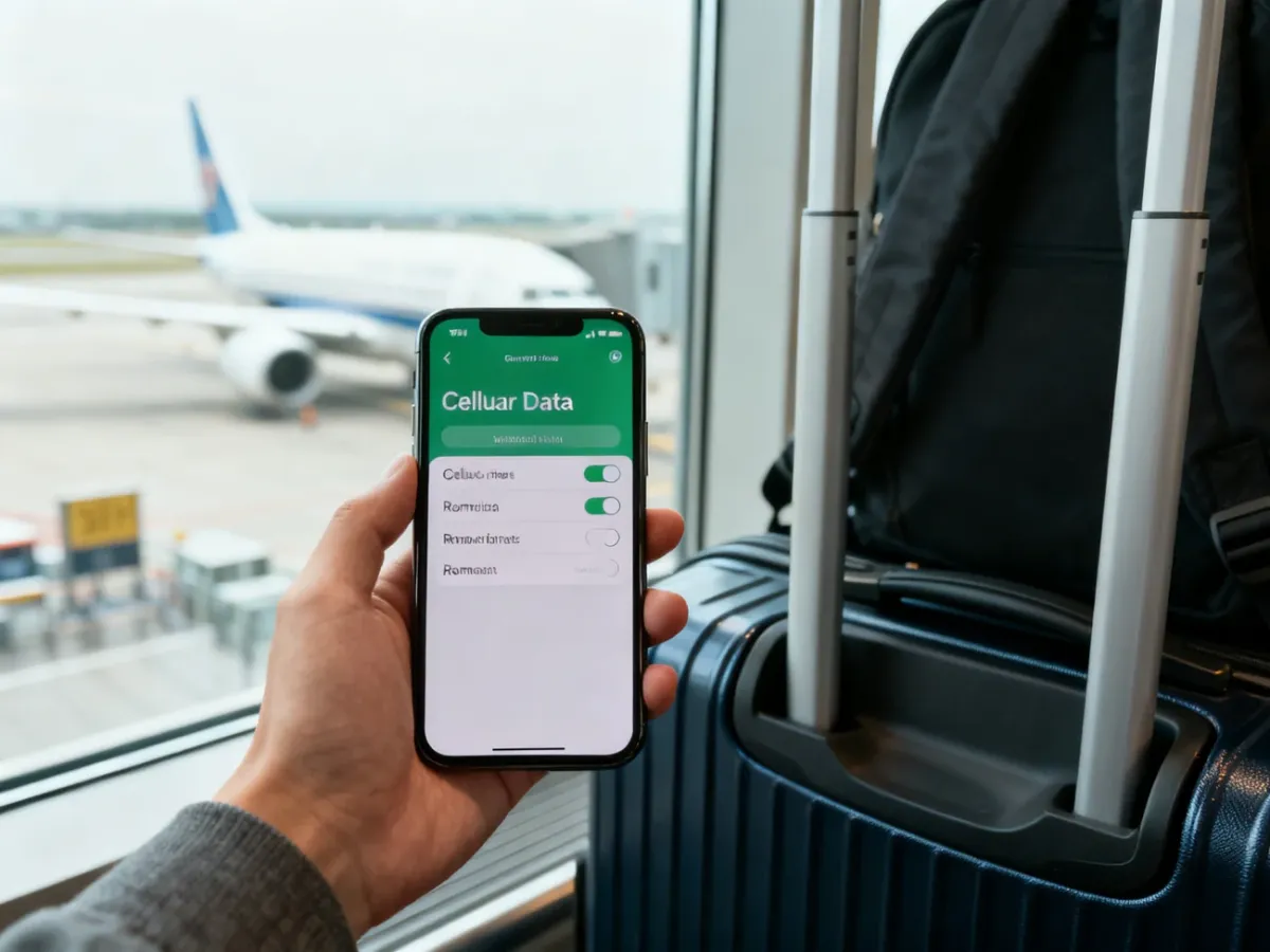 iPhone z włączonym roamingiem danych podczas przygotowań do podróży