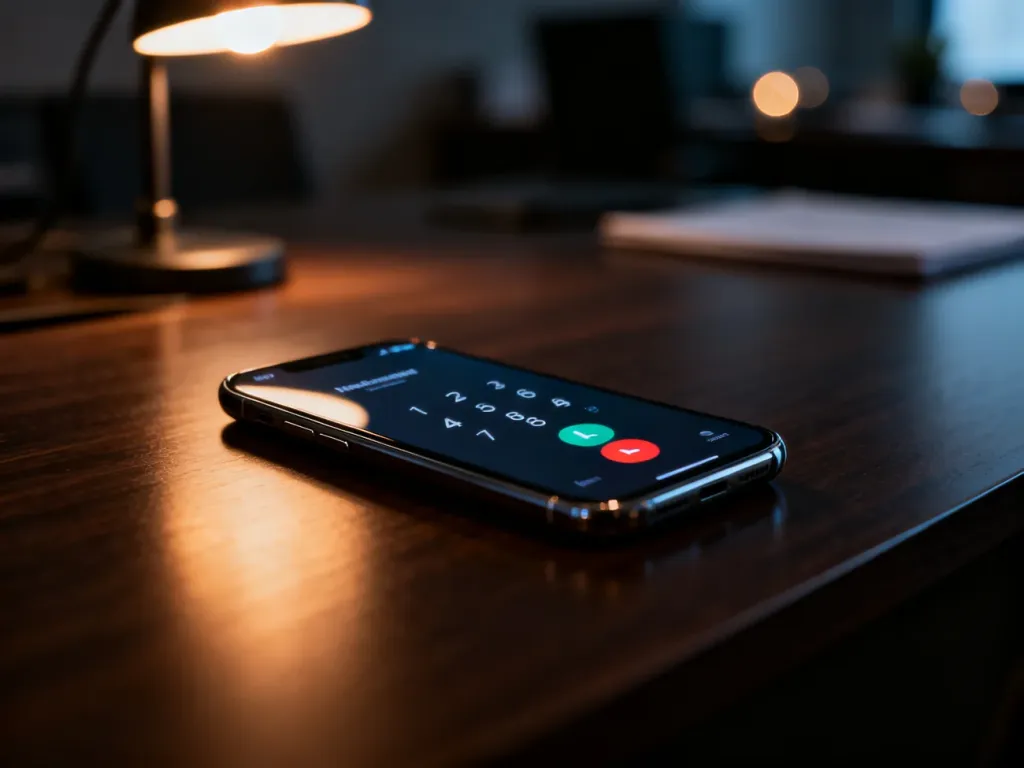 Nowoczesny smartfon na biurku z wyświetlonym połączeniem przychodzącym od nieznanego numeru.