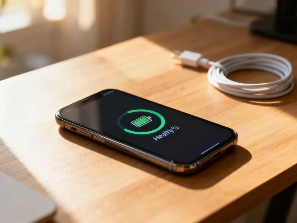 Ekran smartfona z ikoną stanu baterii na drewnianym biurku, obok zwinięty kabel do ładowania w miękkim świetle poranka.