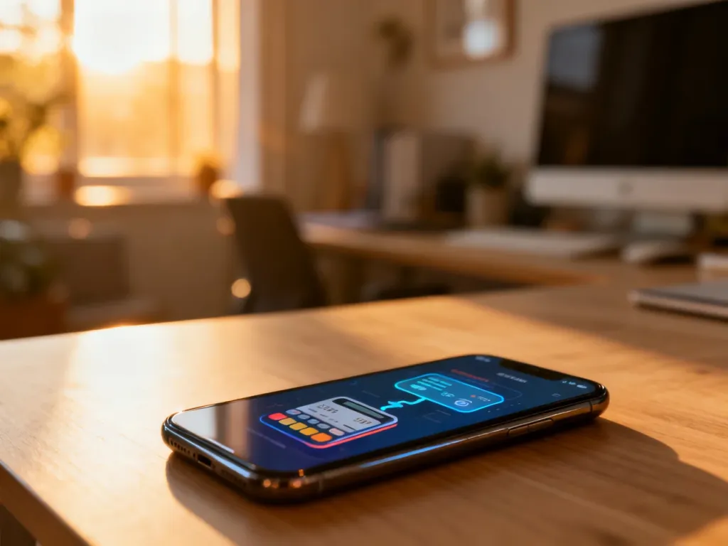 Smartfon na drewnianym biurku z otwartym panelem płatności online, ilustrujący proces doładowania konta Heyah.