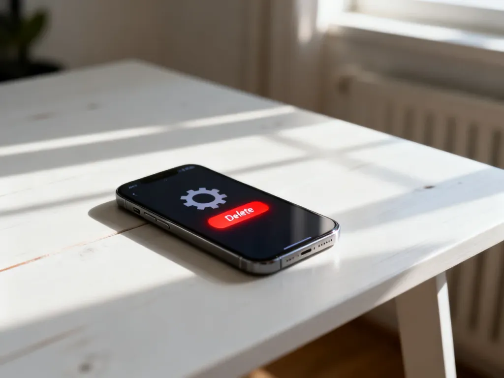 Smartfon z widoczną ikoną ustawień i czerwonym przyciskiem usuwania na ekranie, leżący na biurku.