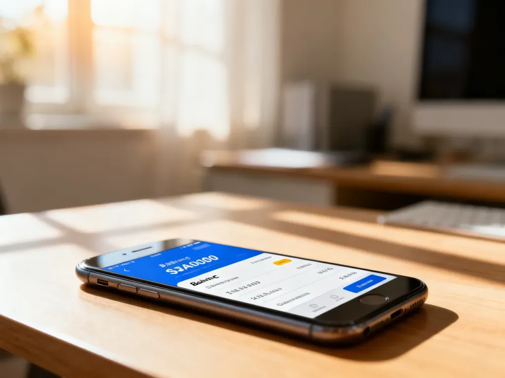 Smartfon z minimalistycznym interfejsem finansowym na ekranie, leżący na drewnianym biurku w słonecznym biurze.