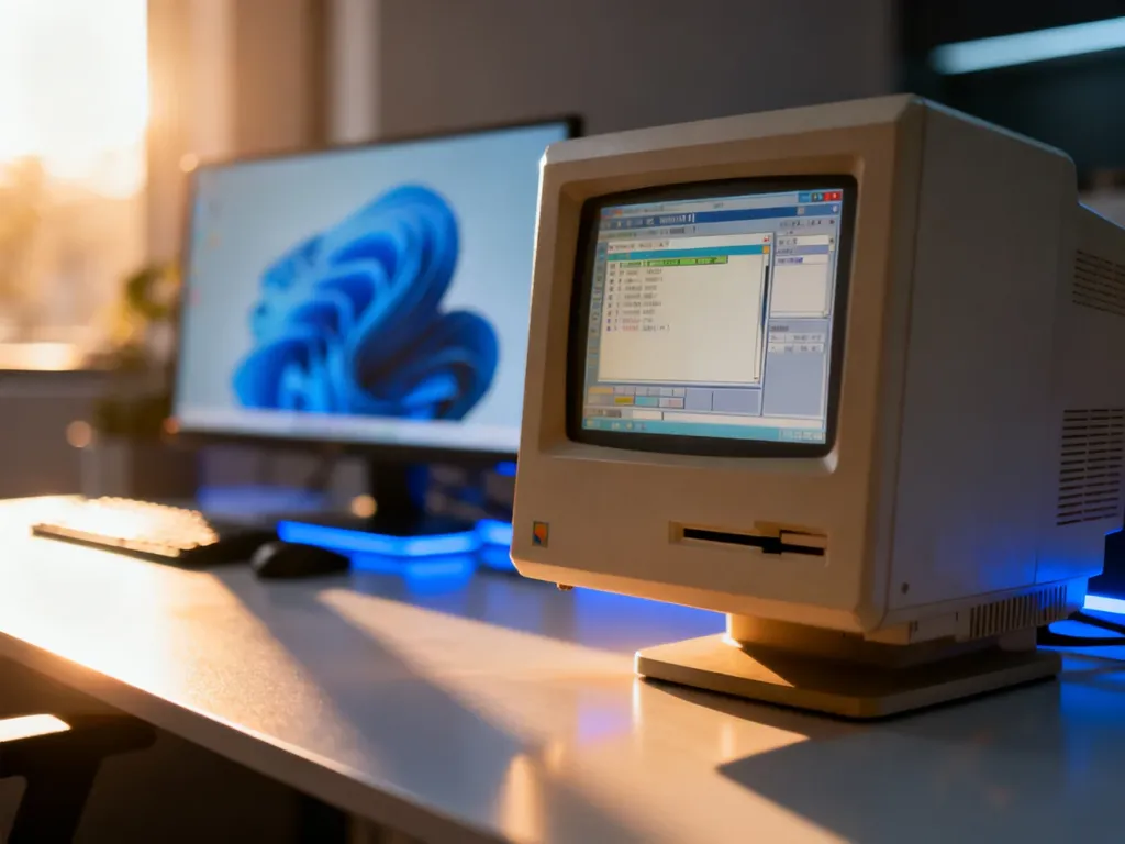 Stary monitor z interfejsem retro zestawiony z nowoczesnym stanowiskiem komputerowym, ilustrujący uruchamianie dawnych aplikacji.