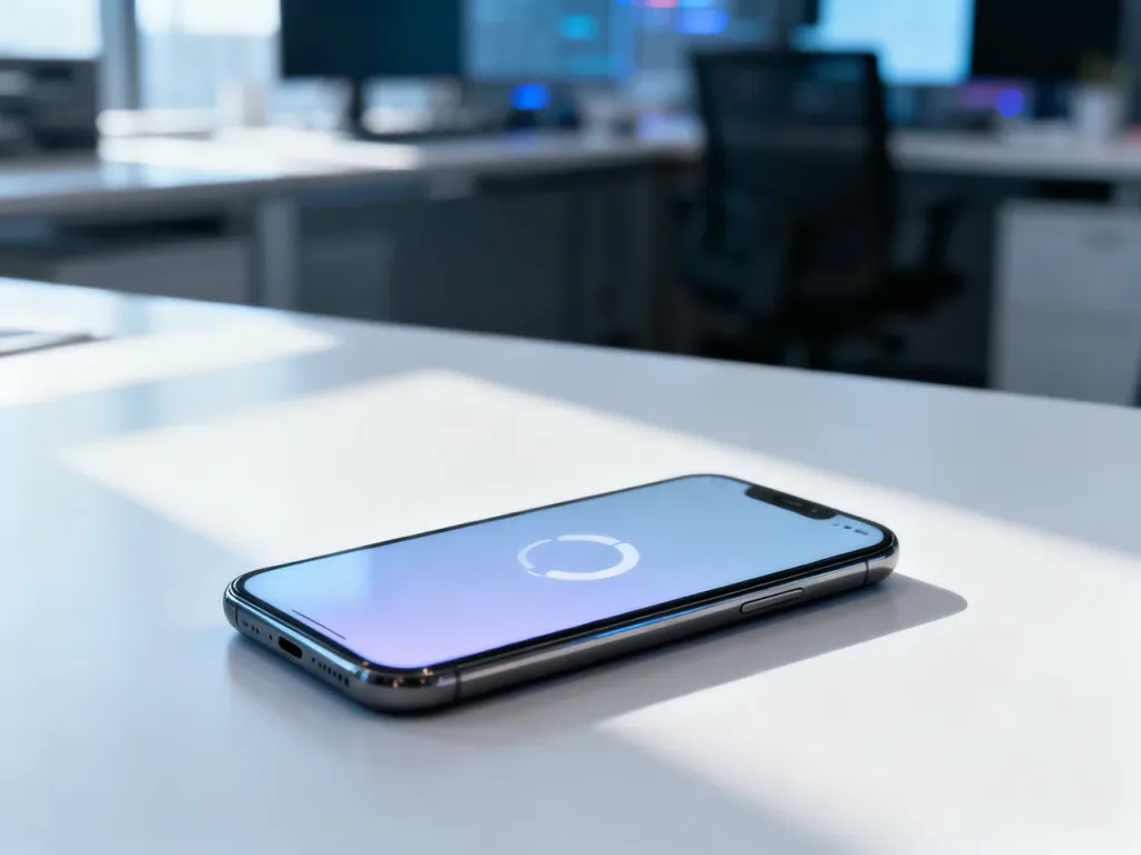 Nowoczesny smartfon na biurku z ikoną ładowania na ekranie, symbolizującą proces przywracania ustawień fabrycznych.