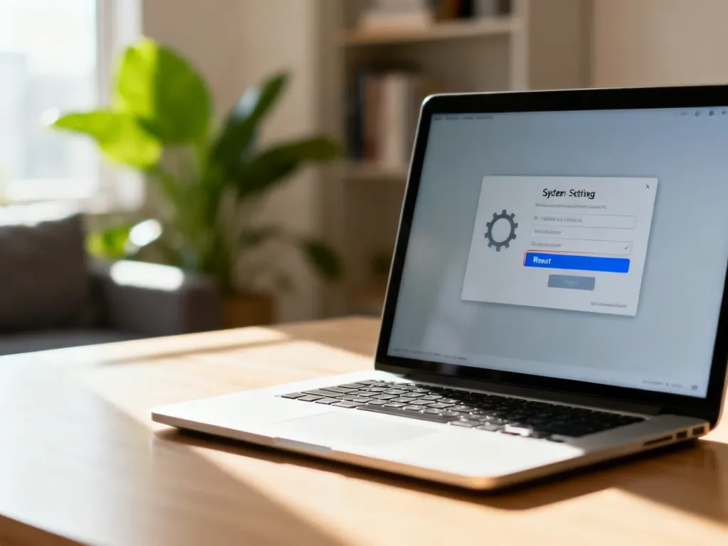 Ekran laptopa z otwartym menu ustawień systemowych i podświetloną opcją resetowania urządzenia do ustawień fabrycznych.