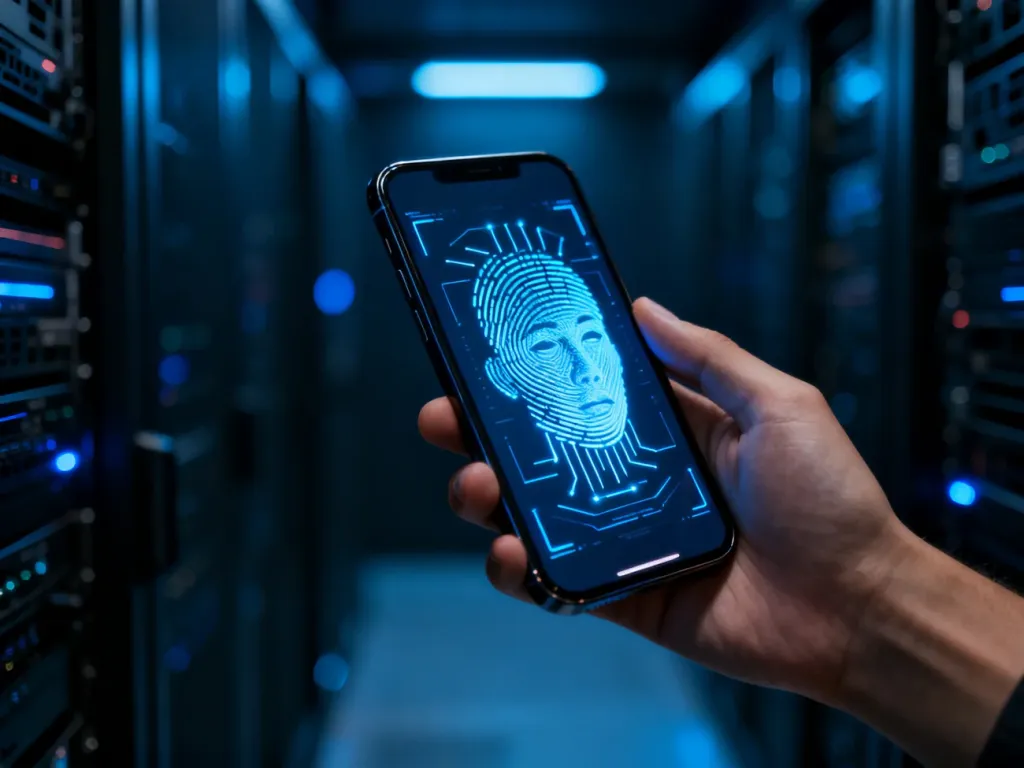 Smartfon z aktywną funkcją rozpoznawania twarzy, wyświetlający cyfrowy skaner biometryczny na ekranie.