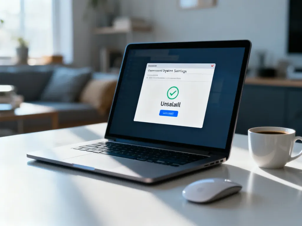 Ekran laptopa z otwartymi ustawieniami systemu i ikoną odinstalowywania aplikacji na uporządkowanym biurku.