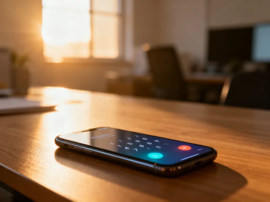 Nowoczesny smartfon na biurku z wyświetlonym połączeniem przychodzącym od nieznanego numeru.