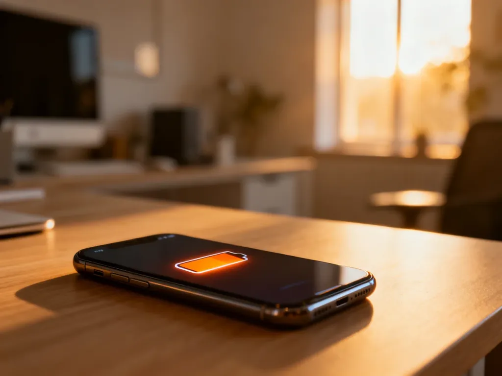 Smartfon na drewnianym biurku z ikoną baterii, symbolizujący przedłużenie ważności konta w Orange.