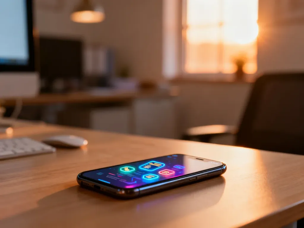 Nowoczesny smartfon z interfejsem płatności cyfrowych na biurku, ilustrujący proces doładowania konta Orange.