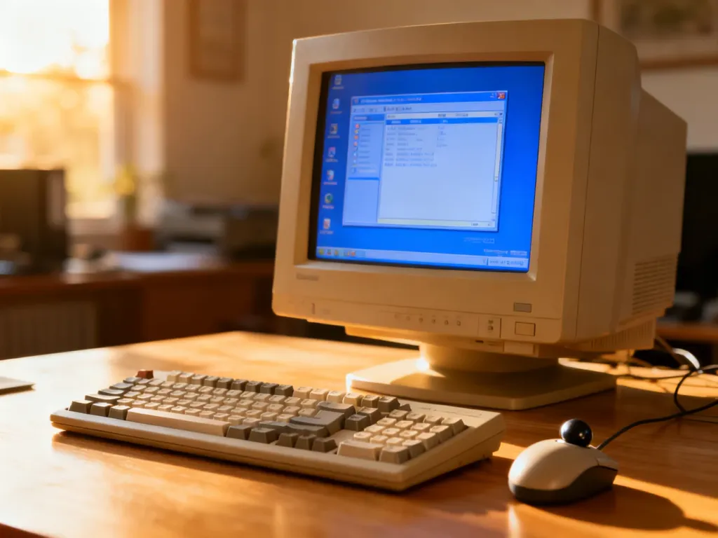 Zestaw komputerowy w stylu retro z monitorem CRT wyświetlającym klasyczny interfejs systemu z początku lat 2000.