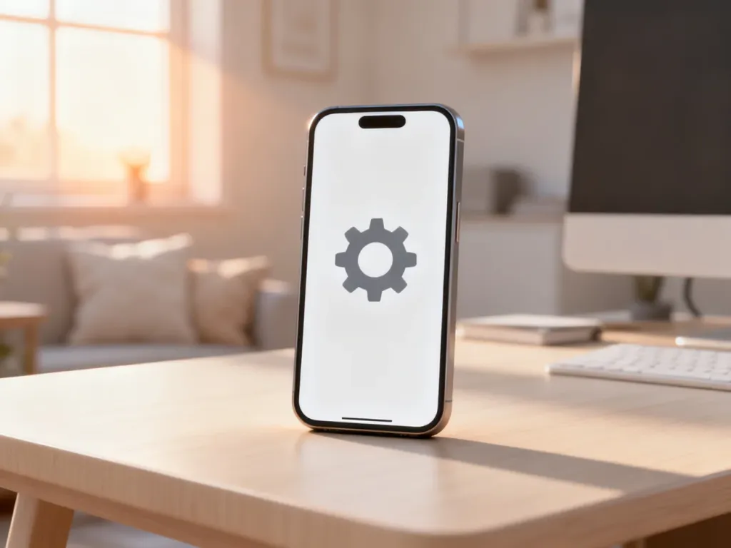 Minimalistyczny render smartfona z ikoną ustawień na drewnianym biurku w przytulnym domowym biurze.