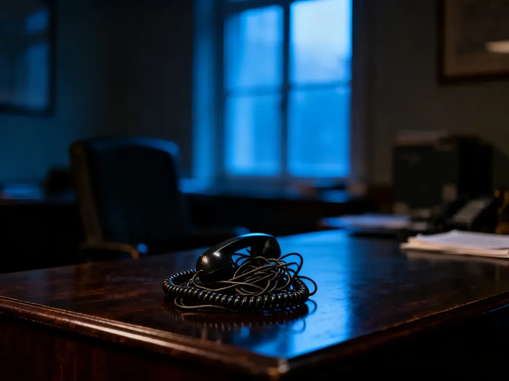 Stary telefon stacjonarny z kablem na biurku w przyciemnionym biurze, nawiązujący do tematyki połączeń telefonicznych.