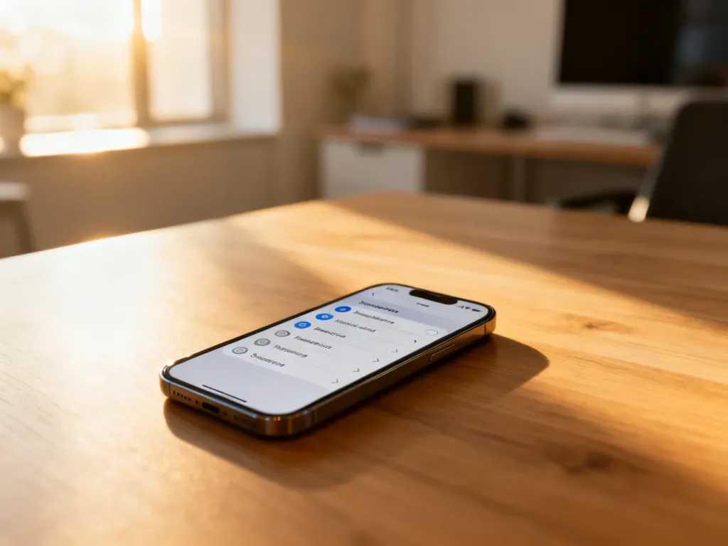 Smartfon z otwartym menu ustawień leżący na drewnianym biurku w jasnym, nowoczesnym biurze.