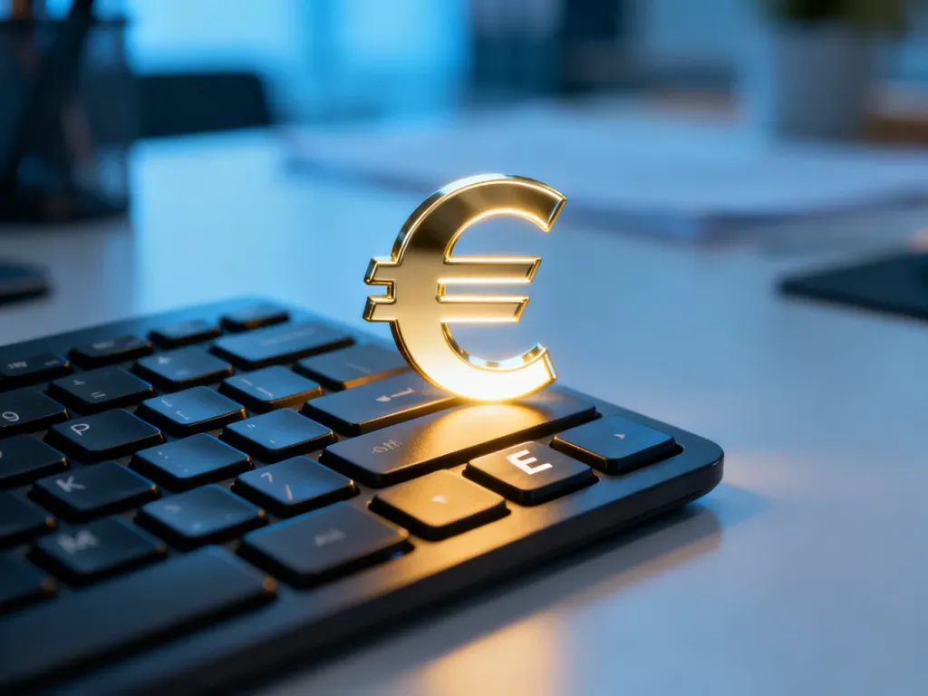 Świecący symbol euro unoszący się nad klawiaturą komputera w nowoczesnym biurze.