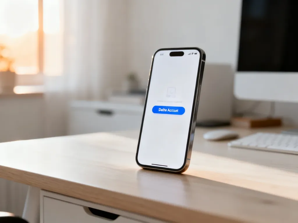 Smartfon leżący na biurku z widocznym na ekranie przyciskiem usuwania konta w aplikacji.