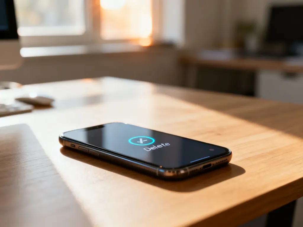Smartfon leżący na biurku z widoczną na ekranie ikoną usuwania, symbolizującą proces kasowania konta w aplikacji.