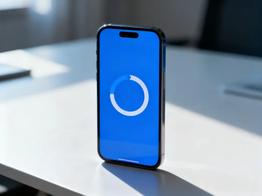 Nowoczesny smartfon z ikoną ładowania na ekranie, symbolizujący proces przywracania ustawień fabrycznych.