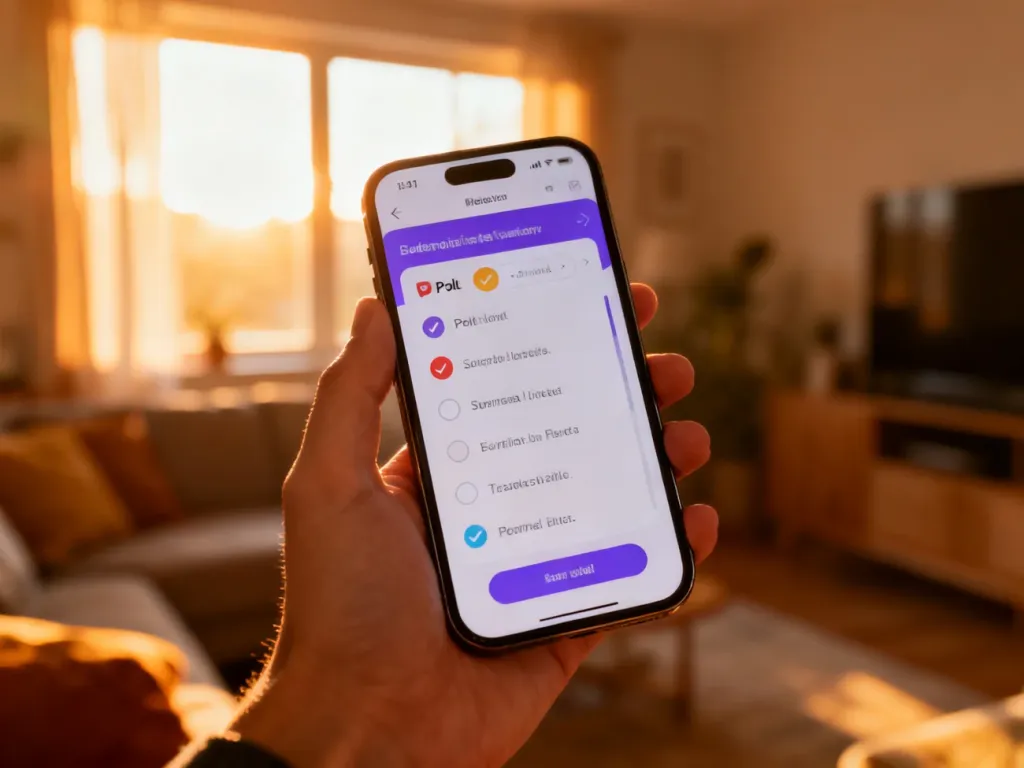 Dłoń trzymająca smartfon z wyświetlonym interfejsem ankiety w aplikacji Messenger na tle przytulnego salonu.