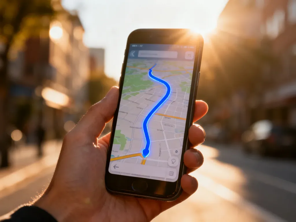 Ekran smartfona z włączoną mapą GPS i wyznaczoną trasą przejazdu na tle słonecznej ulicy miasta.