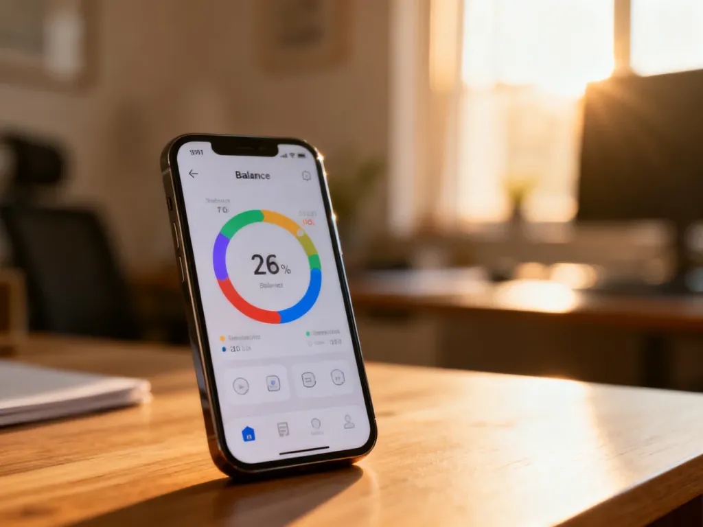 Smartfon z wyświetlonym interfejsem stanu konta na minimalistycznym biurku w przytulnym domowym biurze.